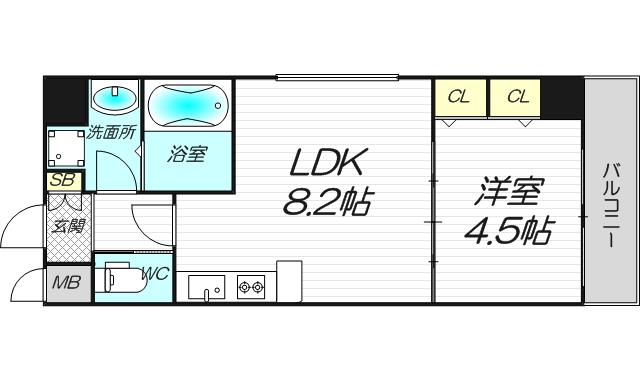 大阪府大阪市淀川区西中島２丁目12-21アトール西中島Ⅱ1103号室１LDK30.07㎡最上階角部屋の間取り